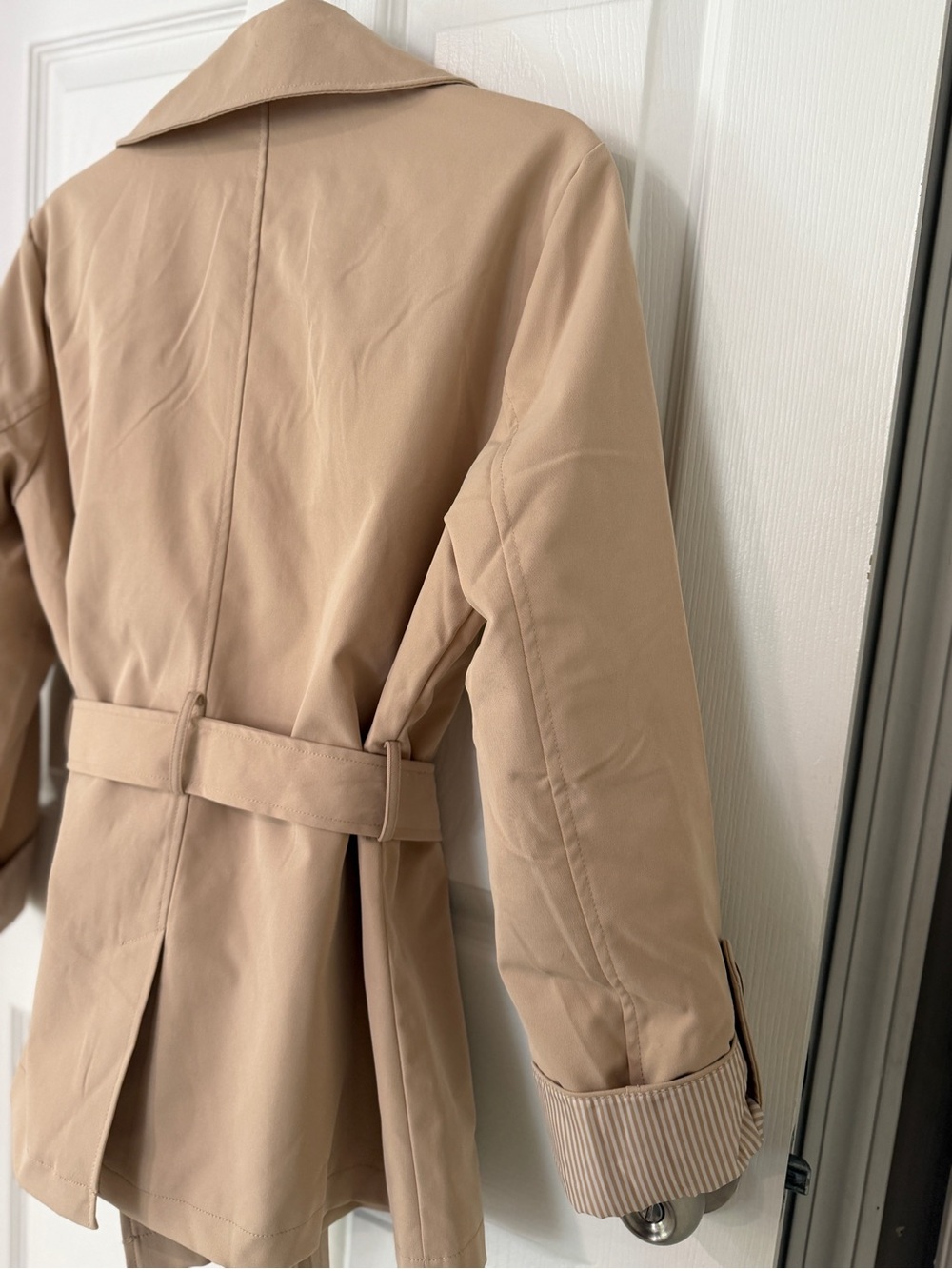 Beige Double-Breasted Belted Trench Coat - Picture 6 of 10
